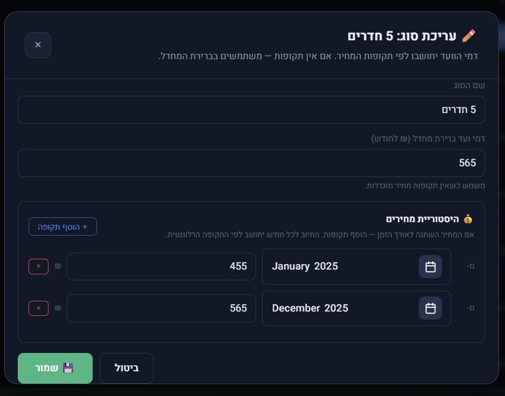 עריכת סוג דירה — היסטוריית מחירים לחישוב מדויק